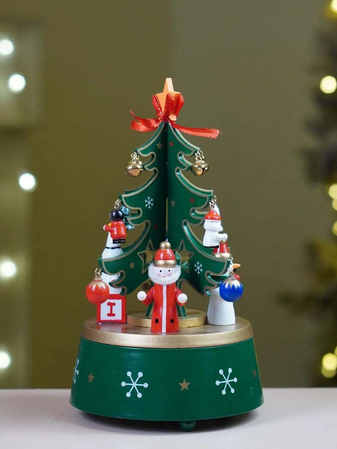 Musical Rotating Green Wooden Christmas Tree with Mini Figurines & Hanging Ornaments