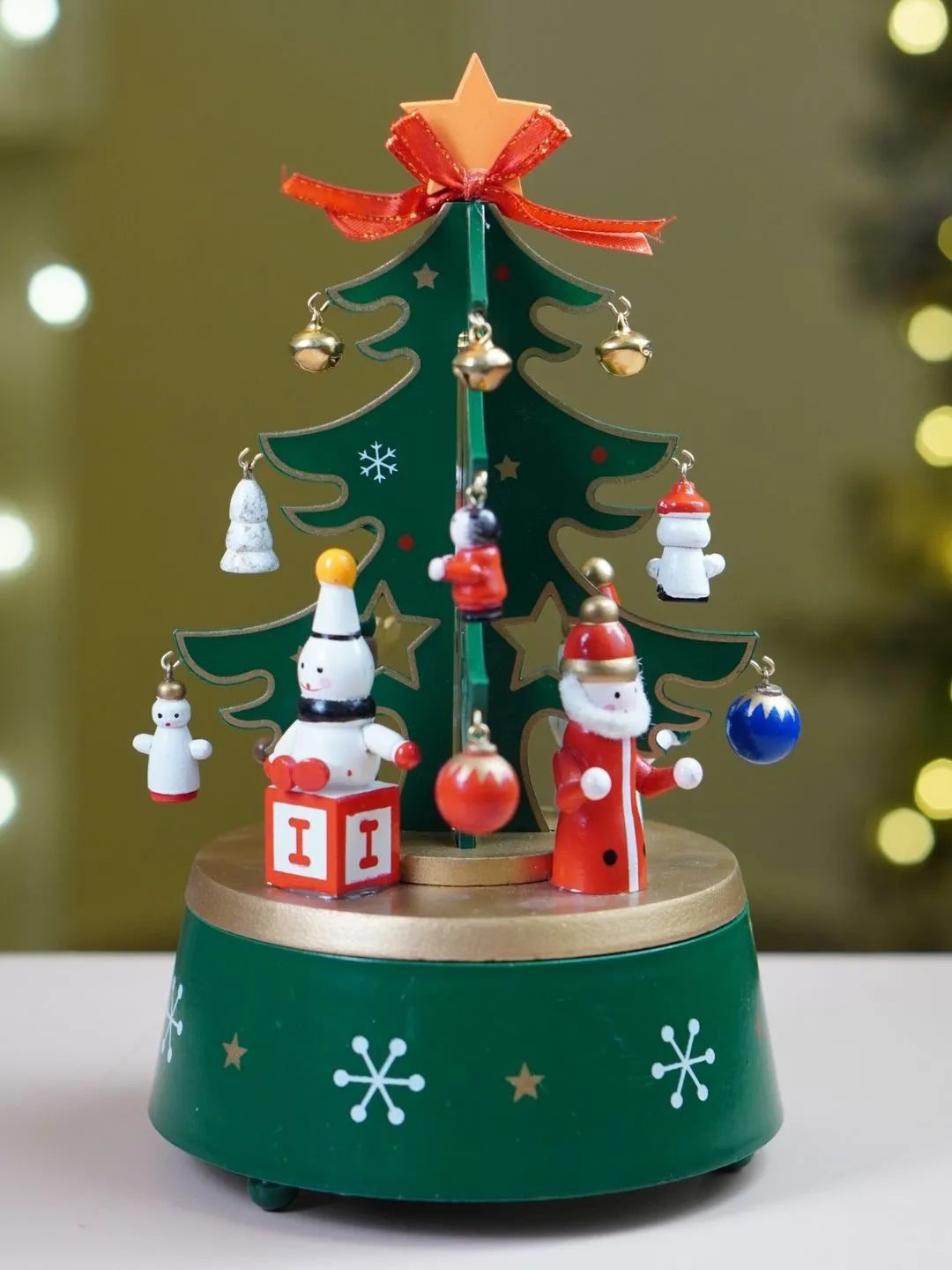 Musical Rotating Green Wooden Christmas Tree with Mini Figurines & Hanging Ornaments
