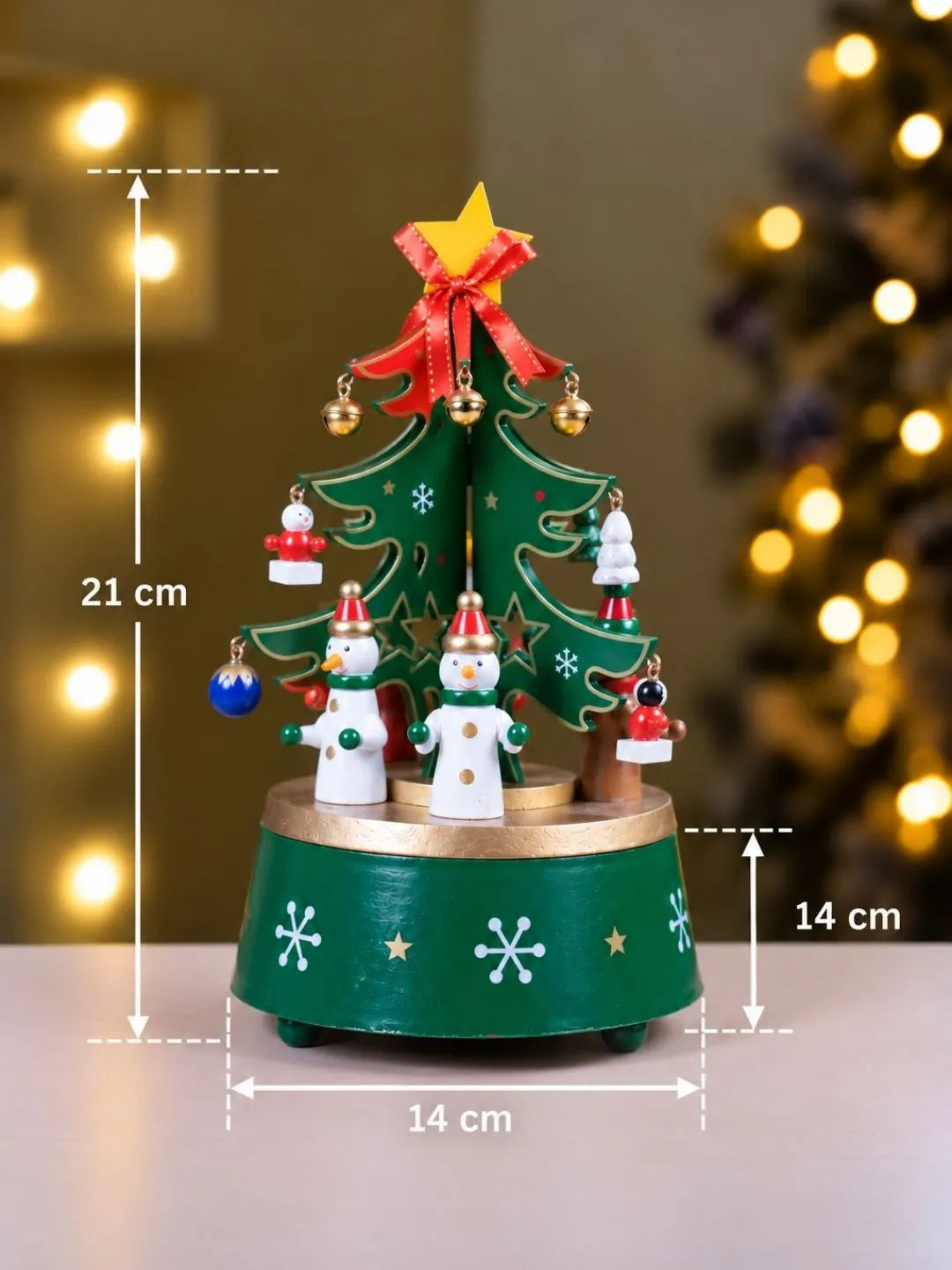 Musical Rotating Green Wooden Christmas Tree with Mini Figurines & Hanging Ornaments