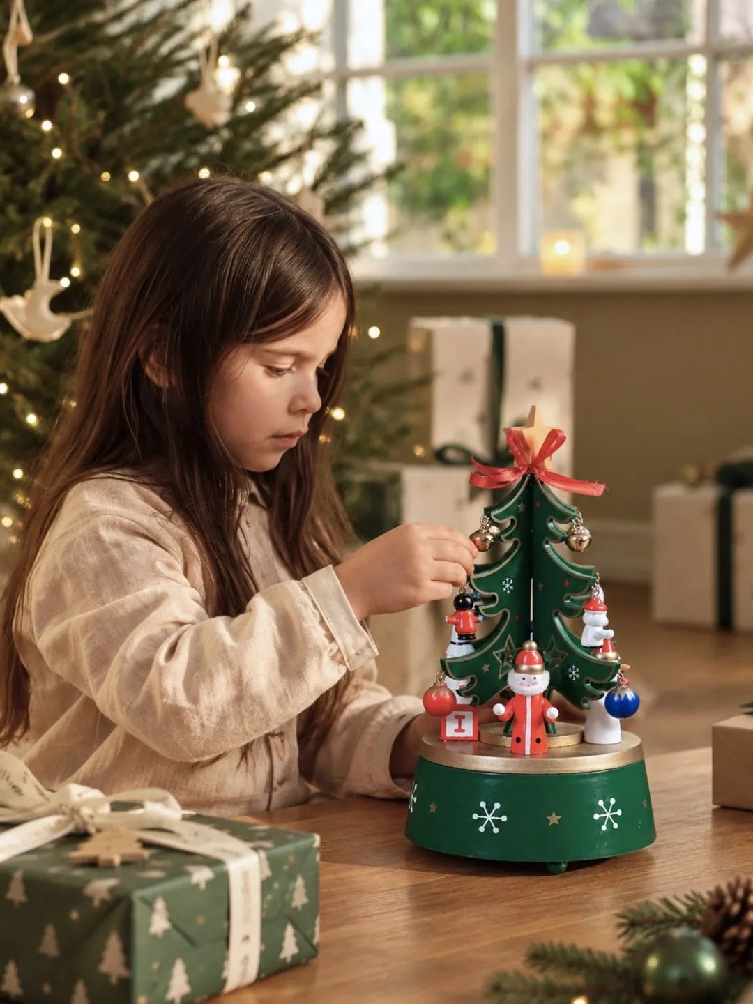 Musical Rotating Green Wooden Christmas Tree with Mini Figurines & Hanging Ornaments
