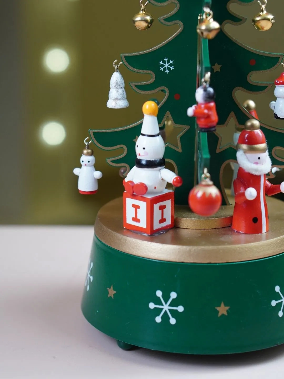 Musical Rotating Green Wooden Christmas Tree with Mini Figurines & Hanging Ornaments