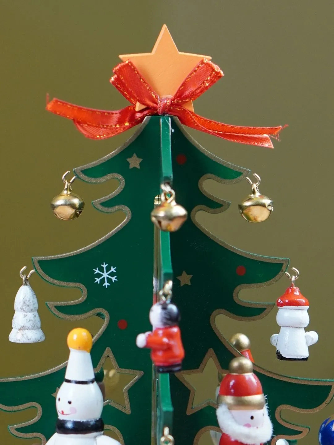 Musical Rotating Green Wooden Christmas Tree with Mini Figurines & Hanging Ornaments