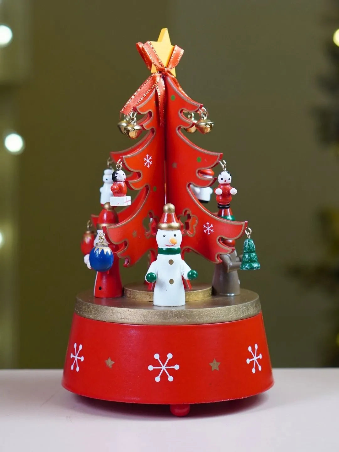 Musical Rotating Red Wooden Christmas Tree with Mini Figurines & Hanging Ornaments