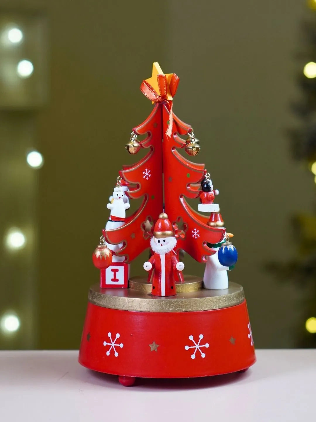 Musical Rotating Red Wooden Christmas Tree with Mini Figurines & Hanging Ornaments