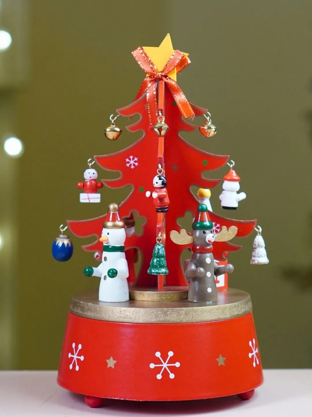 Musical Rotating Red Wooden Christmas Tree with Mini Figurines & Hanging Ornaments