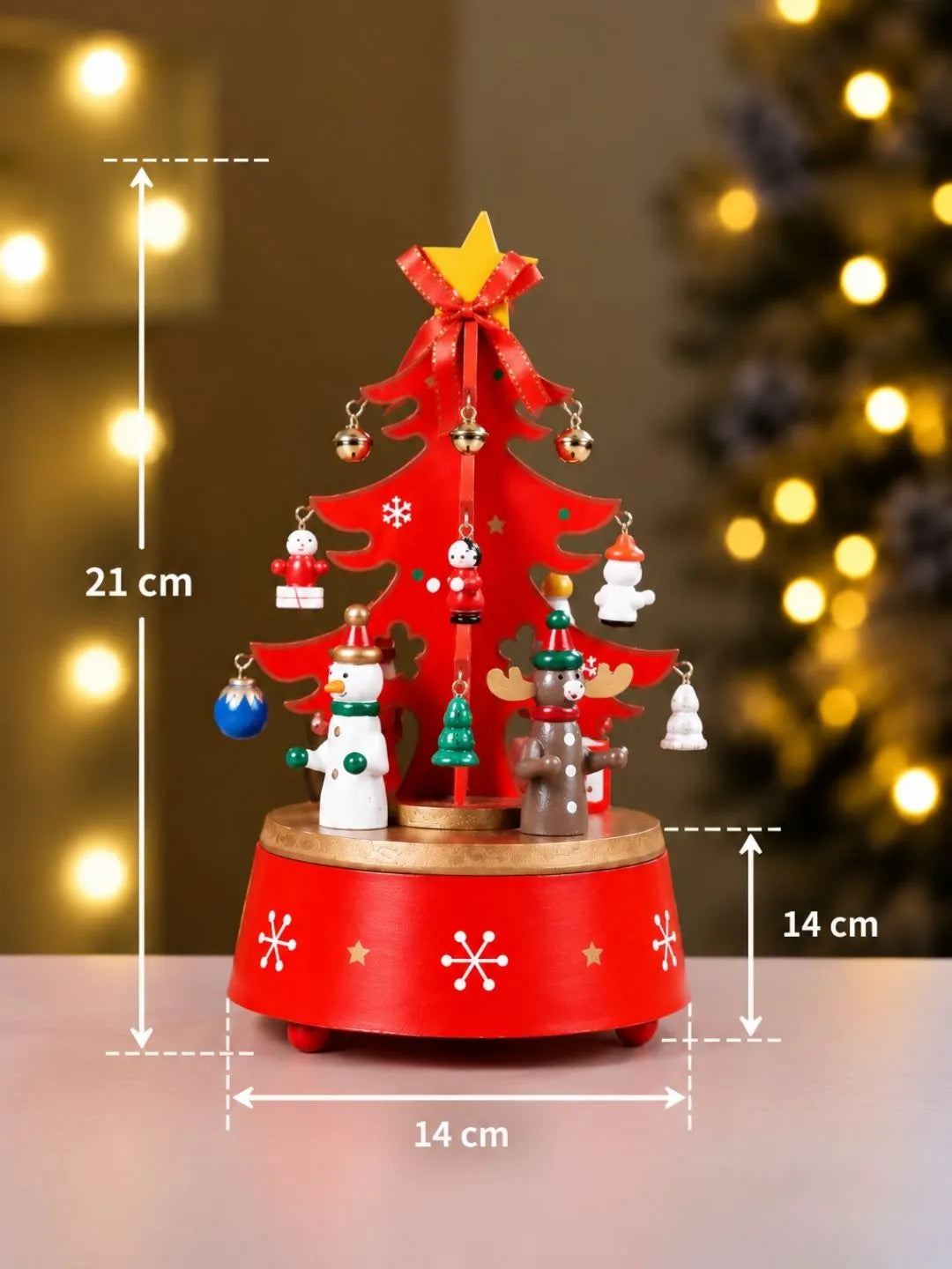 Musical Rotating Red Wooden Christmas Tree with Mini Figurines & Hanging Ornaments