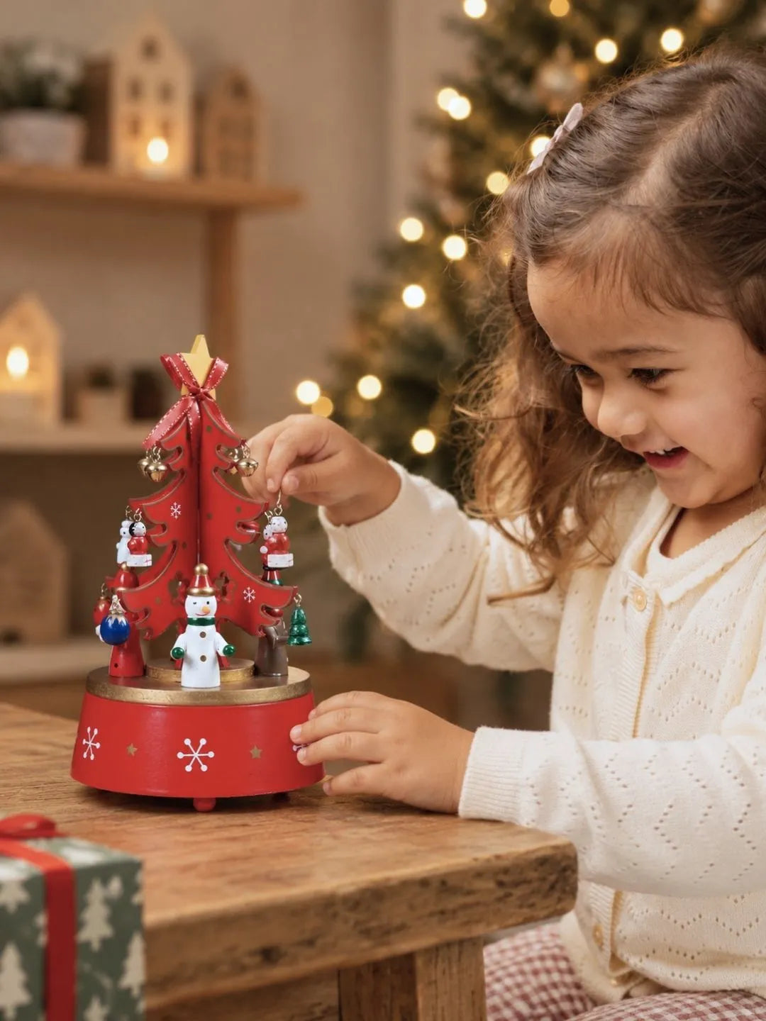 Musical Rotating Red Wooden Christmas Tree with Mini Figurines & Hanging Ornaments