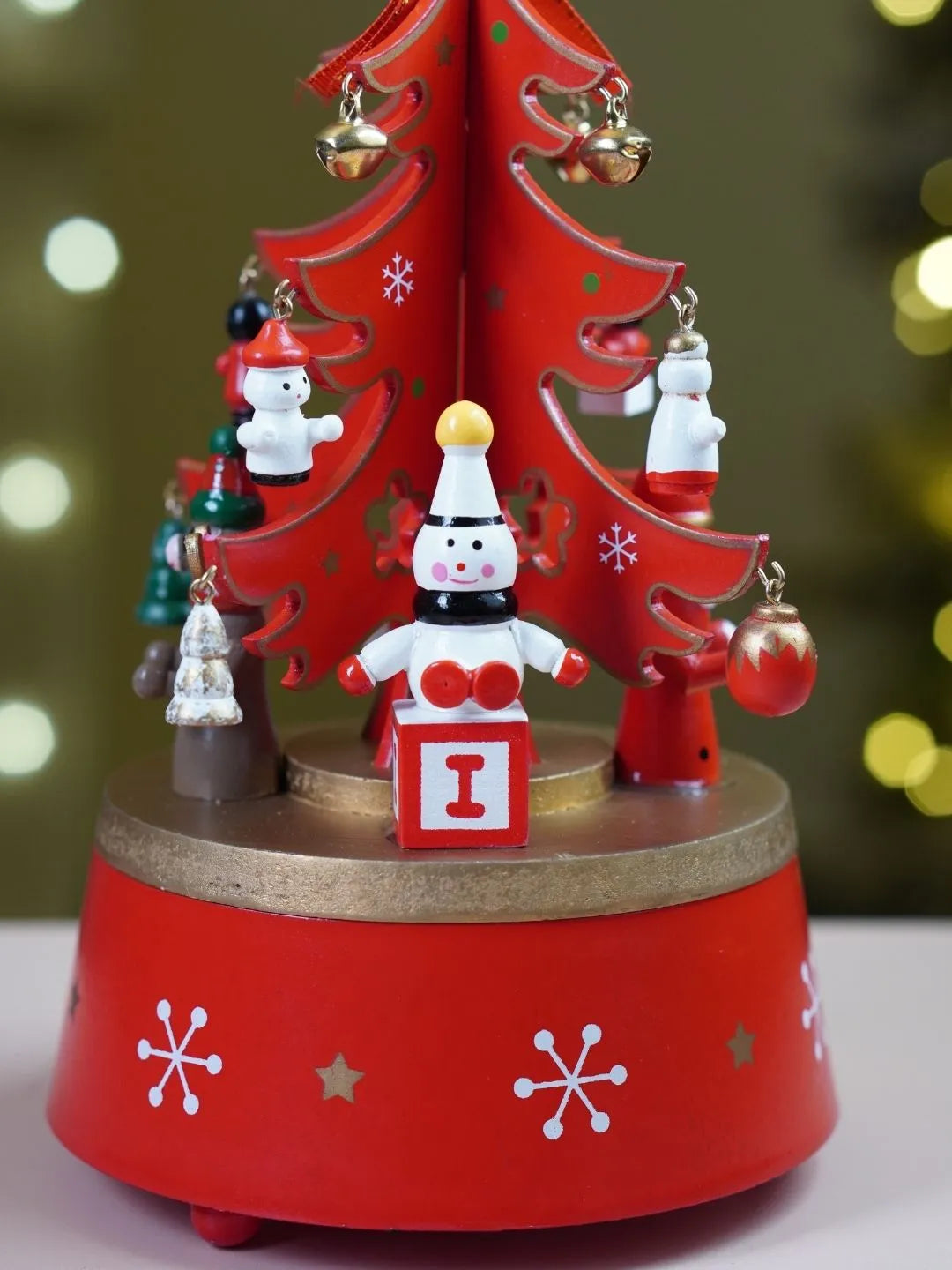 Musical Rotating Red Wooden Christmas Tree with Mini Figurines & Hanging Ornaments