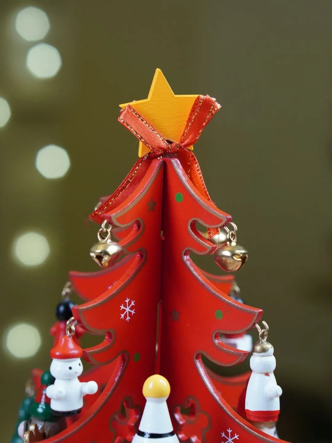 Musical Rotating Red Wooden Christmas Tree with Mini Figurines & Hanging Ornaments