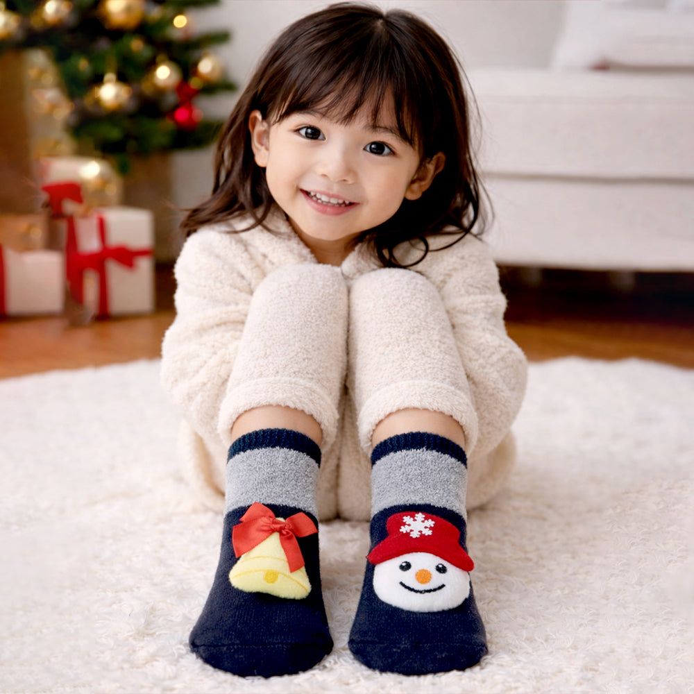 Navy & Grey Snowman & Bell Christmas Themed Ankle Length Socks For Kids