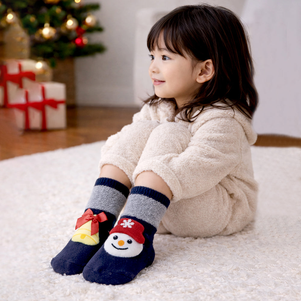 Navy & Grey Snowman & Bell Christmas Themed Ankle Length Socks For Kids