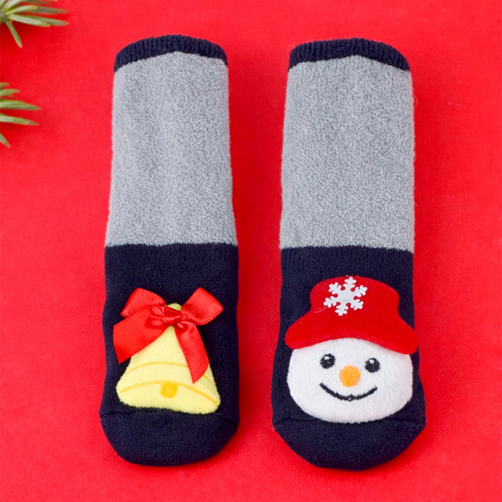 Navy & Grey Snowman & Bell Christmas Themed Ankle Length Socks For Kids