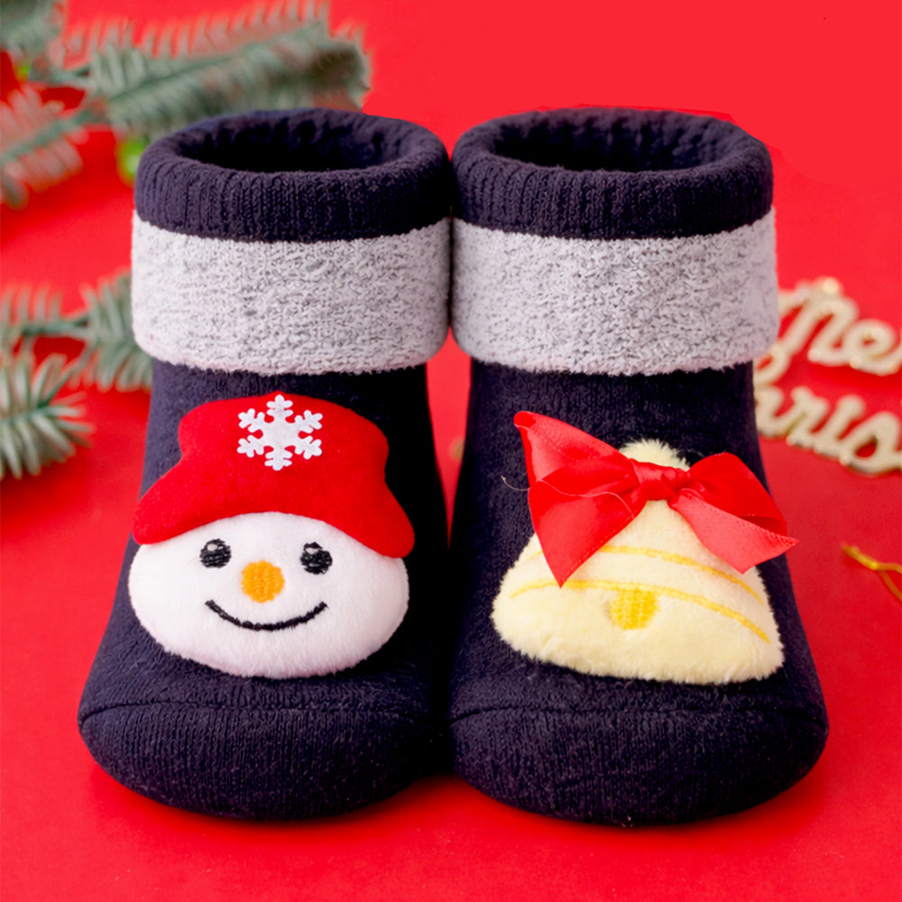 Navy & Grey Snowman & Bell Christmas Themed Ankle Length Socks For Kids