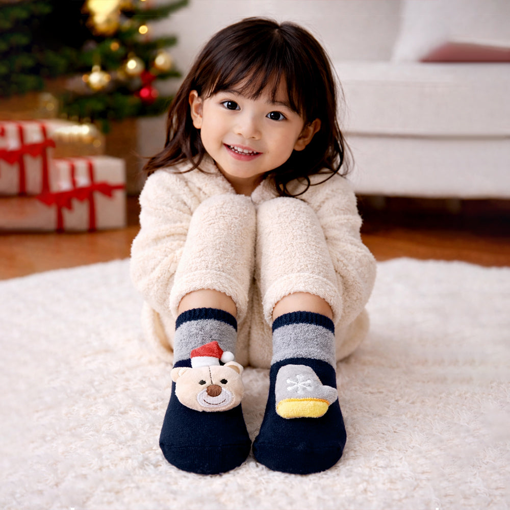 Navy & Grey Ted & Mittens Christmas Themed Ankle Length Socks For Kids