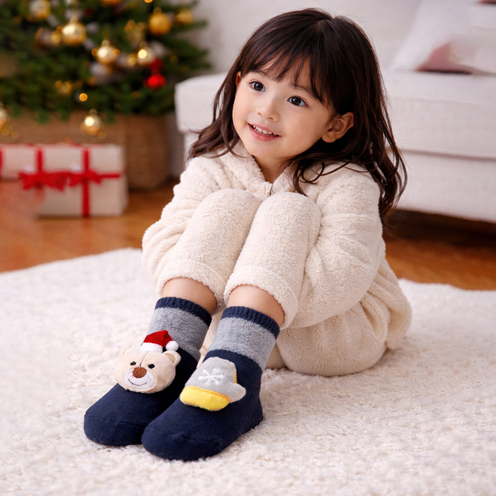 Navy & Grey Ted & Mittens Christmas Themed Ankle Length Socks For Kids