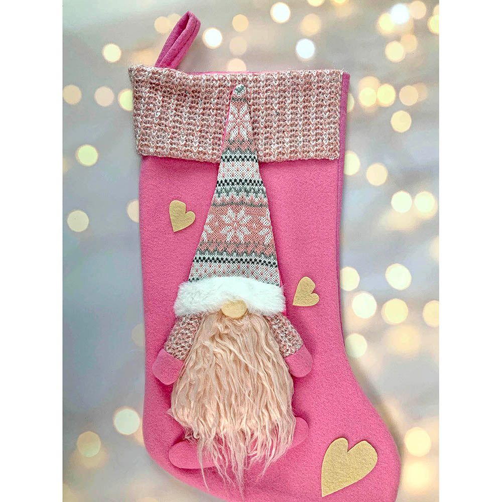 Pink Beard Gnome Christmas Stocking, 16 inches