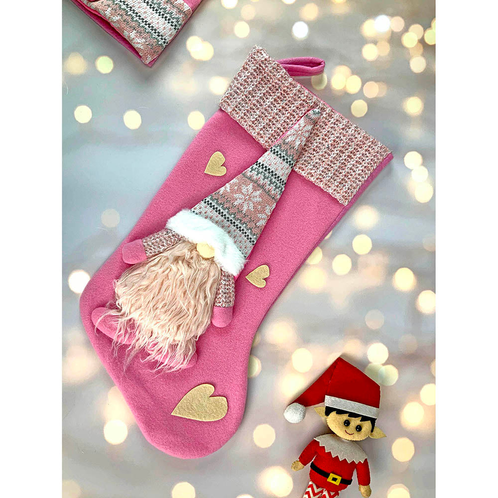 Pink Beard Gnome Christmas Stocking, 16 inches