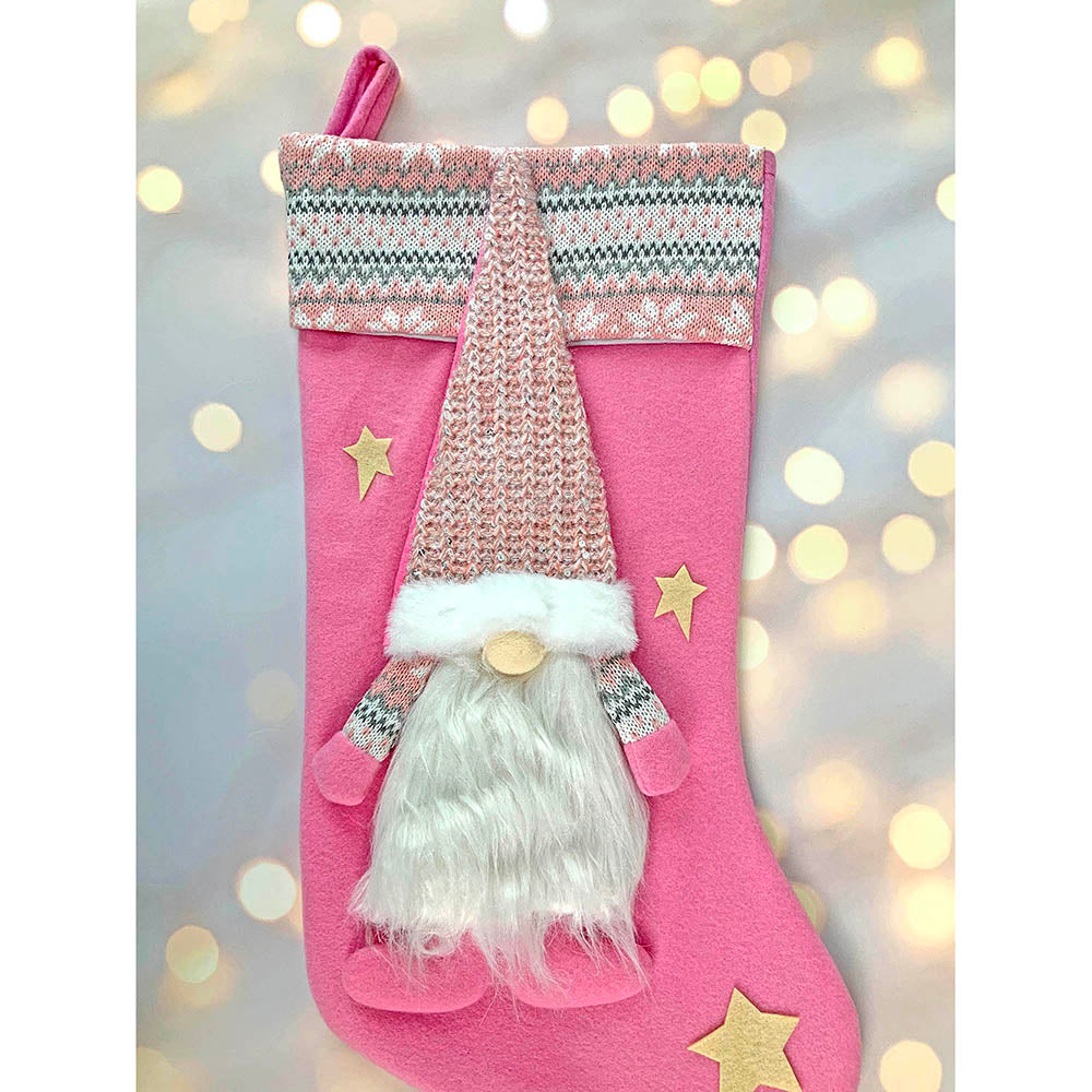 White Beard Pink Gnome Christmas Stocking, 16 inches