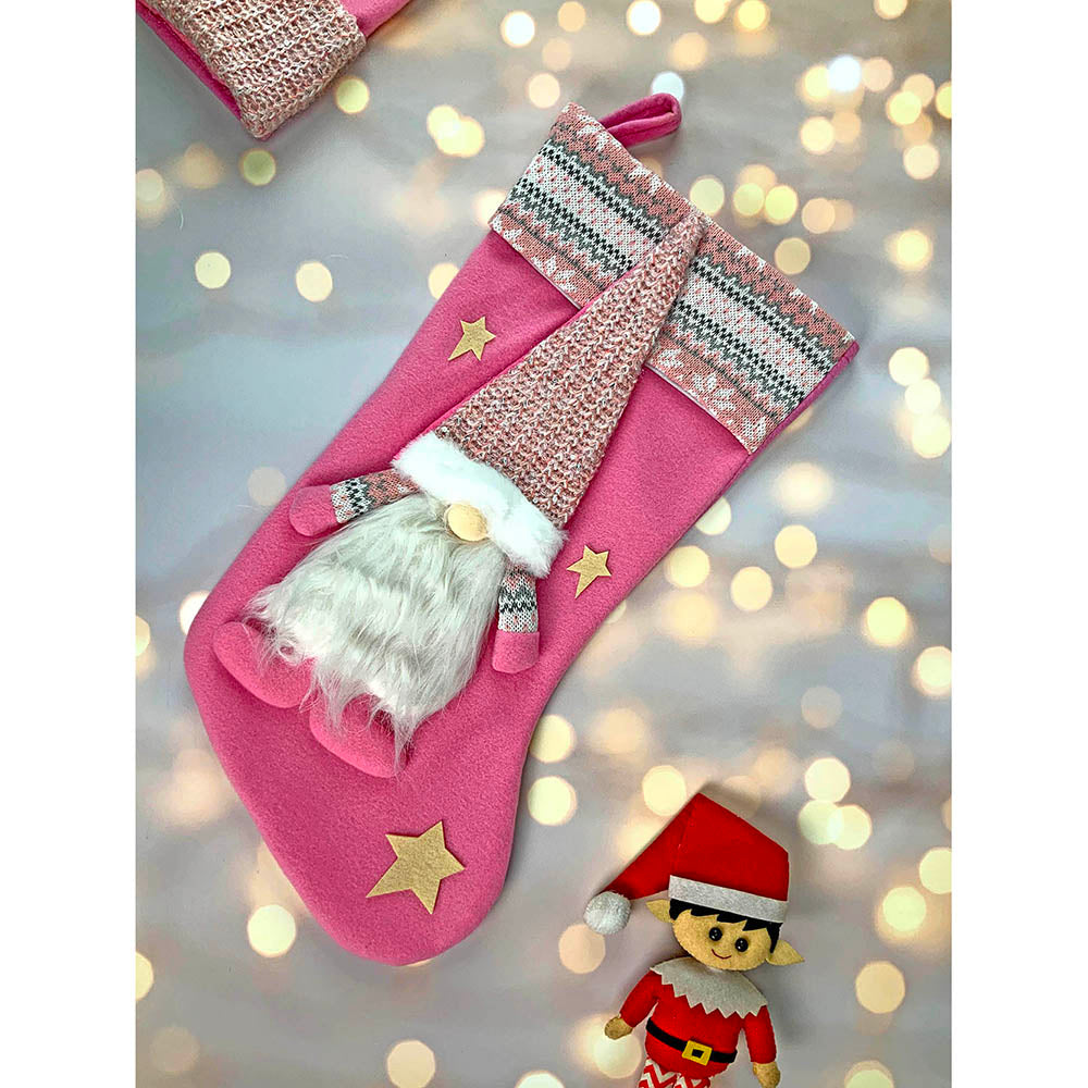 White Beard Pink Gnome Christmas Stocking, 16 inches