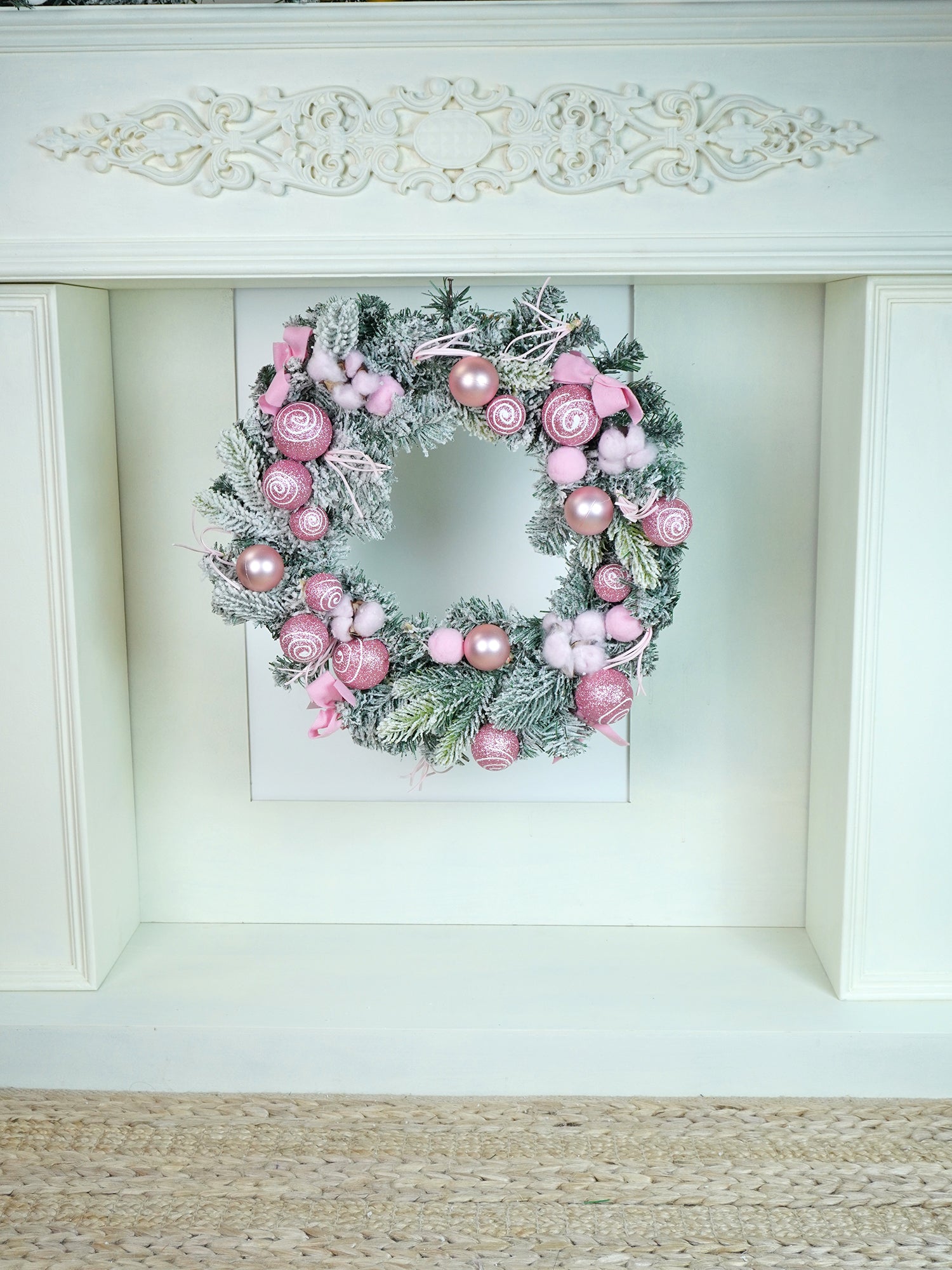 Pastel pink & White Swirl artificial Bushy Christmas Wreath for wall, Door and Tree Christmas Décor,18 inches