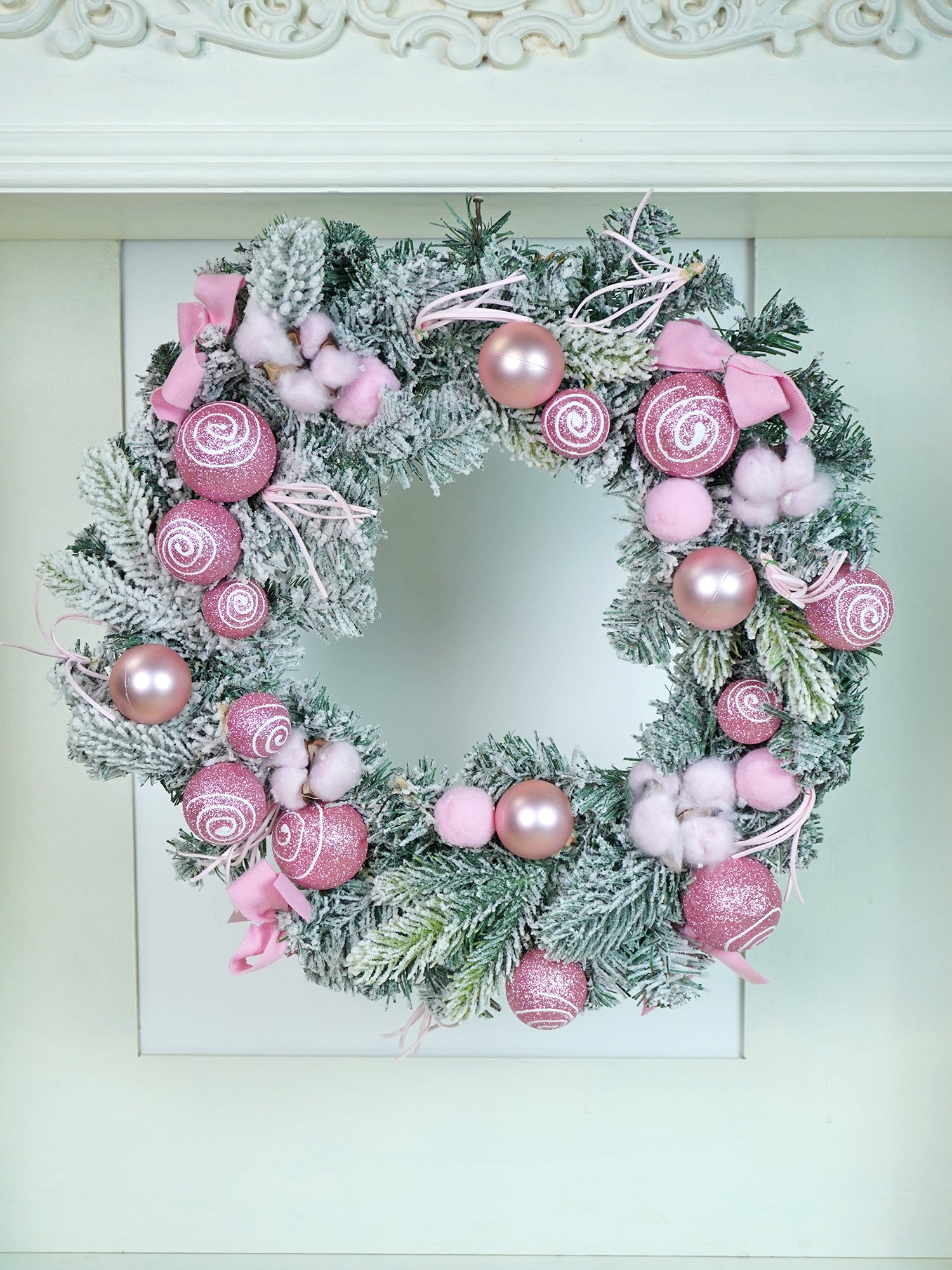 Pastel pink & White Swirl artificial Bushy Christmas Wreath for wall, Door and Tree Christmas Décor,18 inches