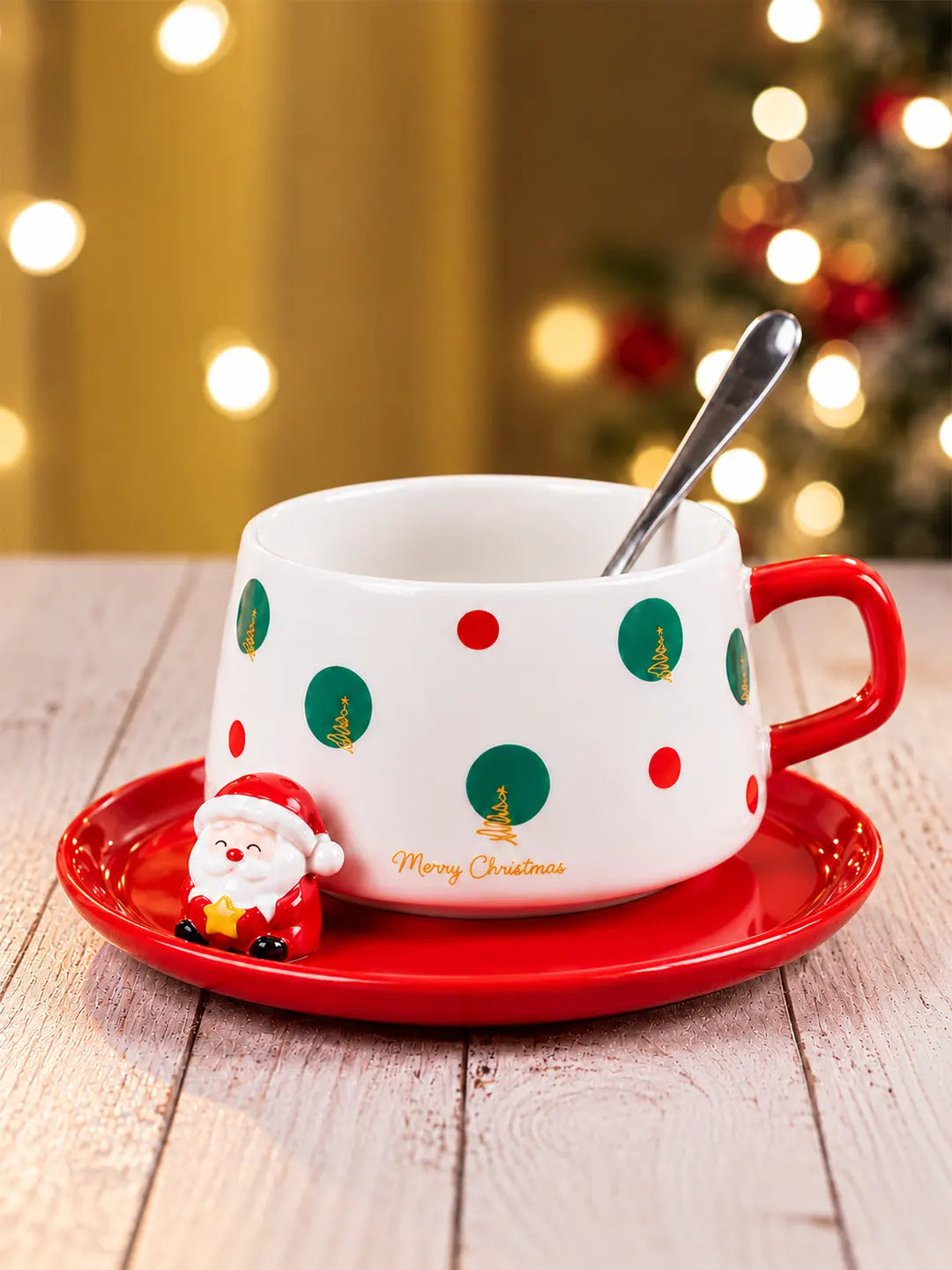 Polka Dots Christmas Themed Ceramic Cup with 3D Santa Saucer & Spoon Set