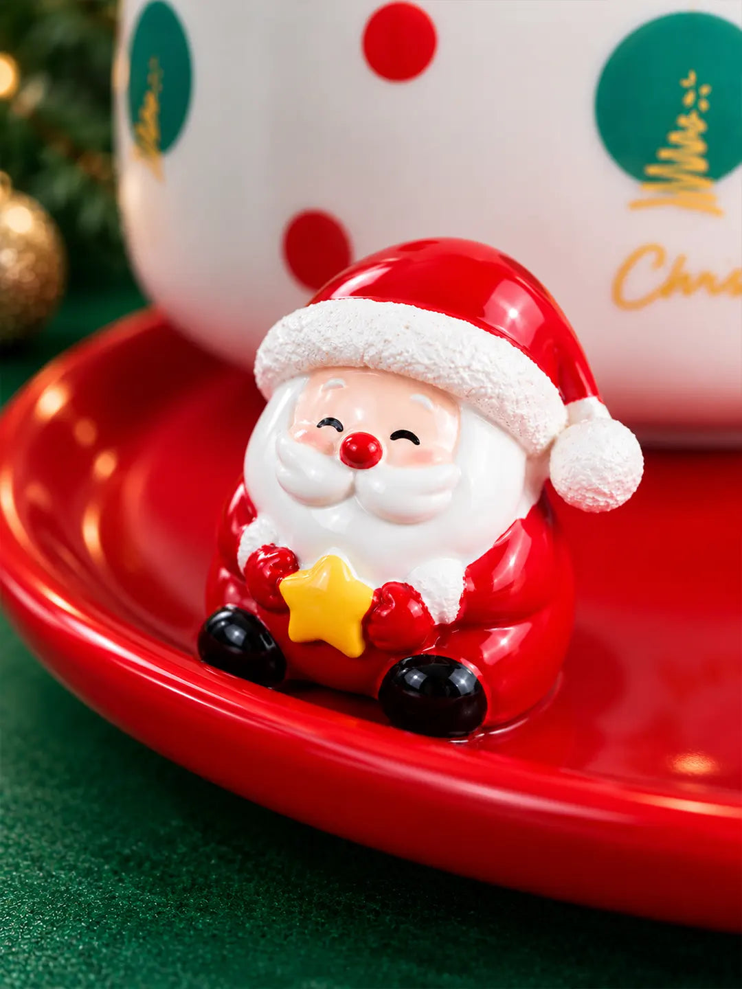 Polka Dots Christmas Themed Ceramic Cup with 3D Santa Saucer & Spoon Set