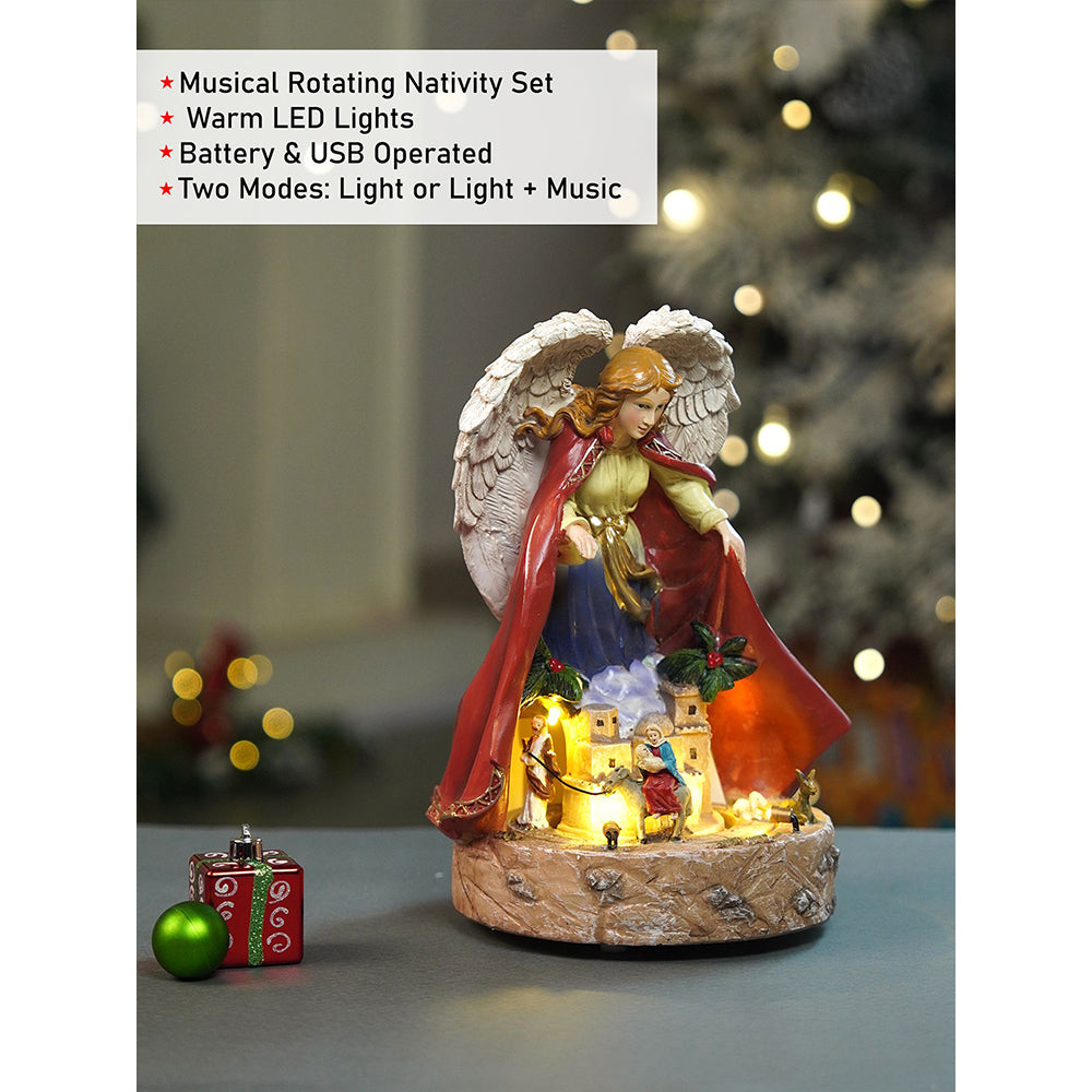 Protective Angel Rotating , Musical and Lit Nativity Set for Christmas Decoration & Décor