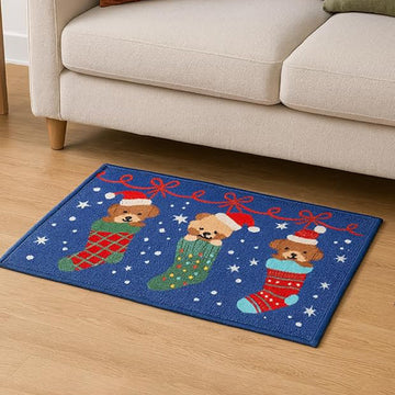 Puppy in Stockings, Christmas theme,Big Size Welcome Mat Festive Floor & entrance Door Mat, 30inches x20inches