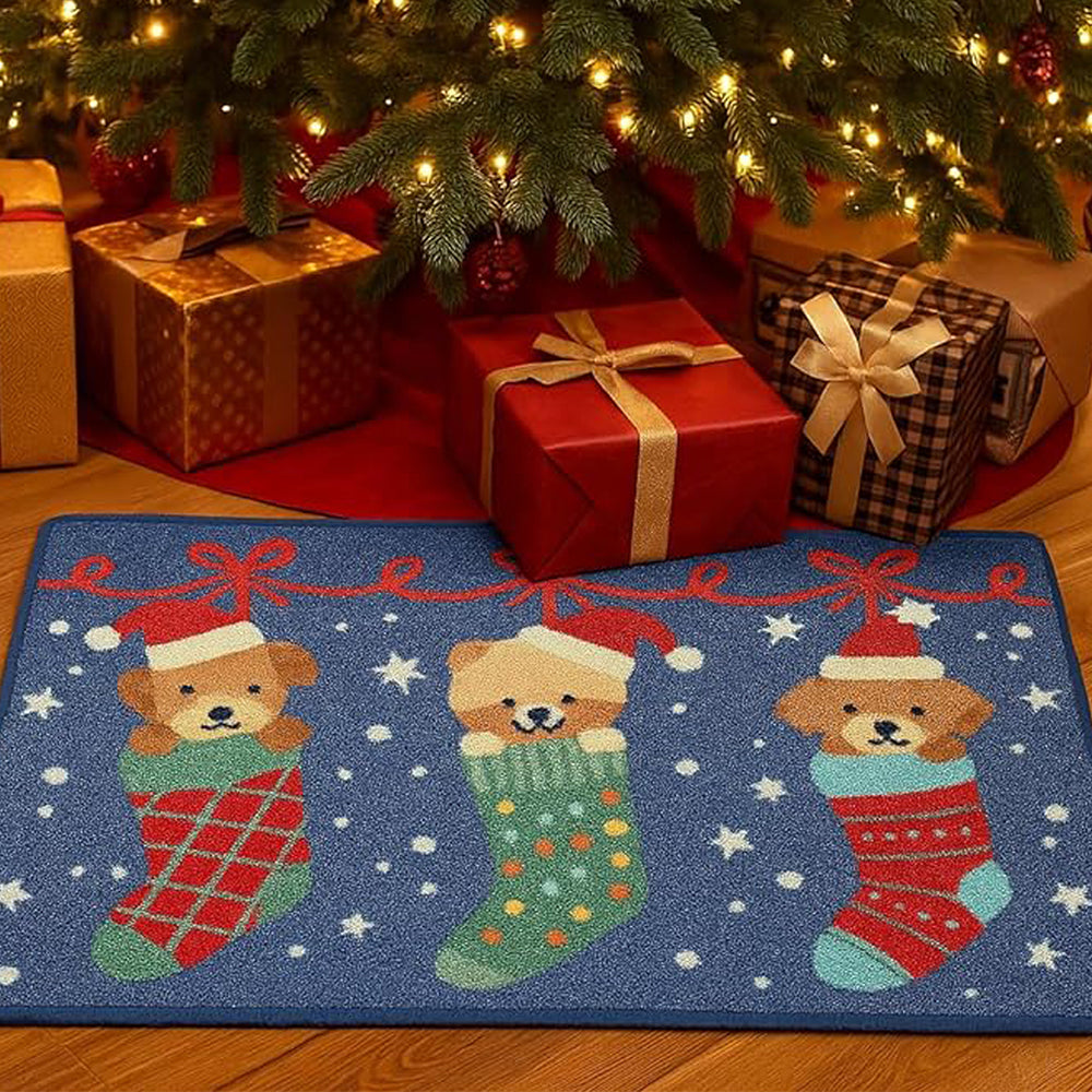 Puppy in Stockings, Christmas theme,Big Size Welcome Mat Festive Floor & entrance Door Mat, 30inches x20inches