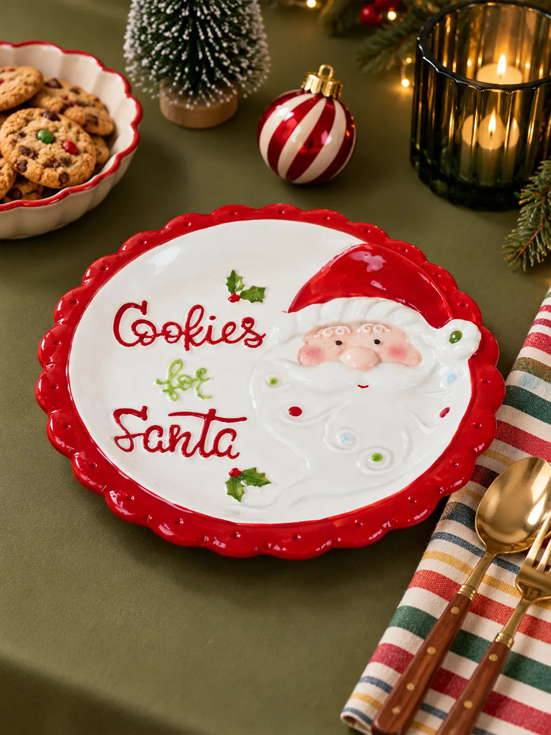 Red Border Cookies for Santa Ceramic Christmas Serving Plate, 11 inches Dinner plate