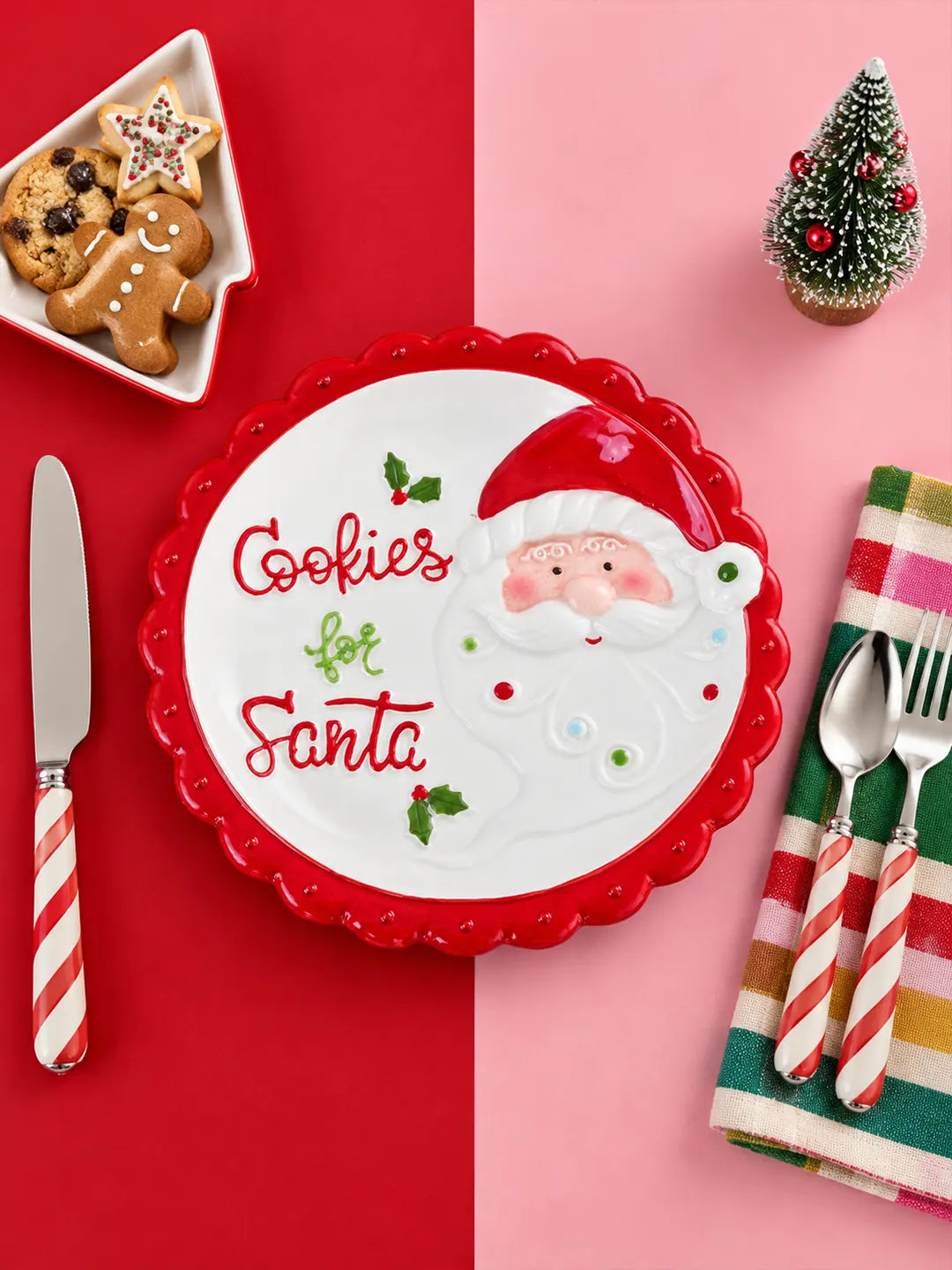 Red Border Cookies for Santa Ceramic Christmas Serving Plate, 11 inches Dinner plate