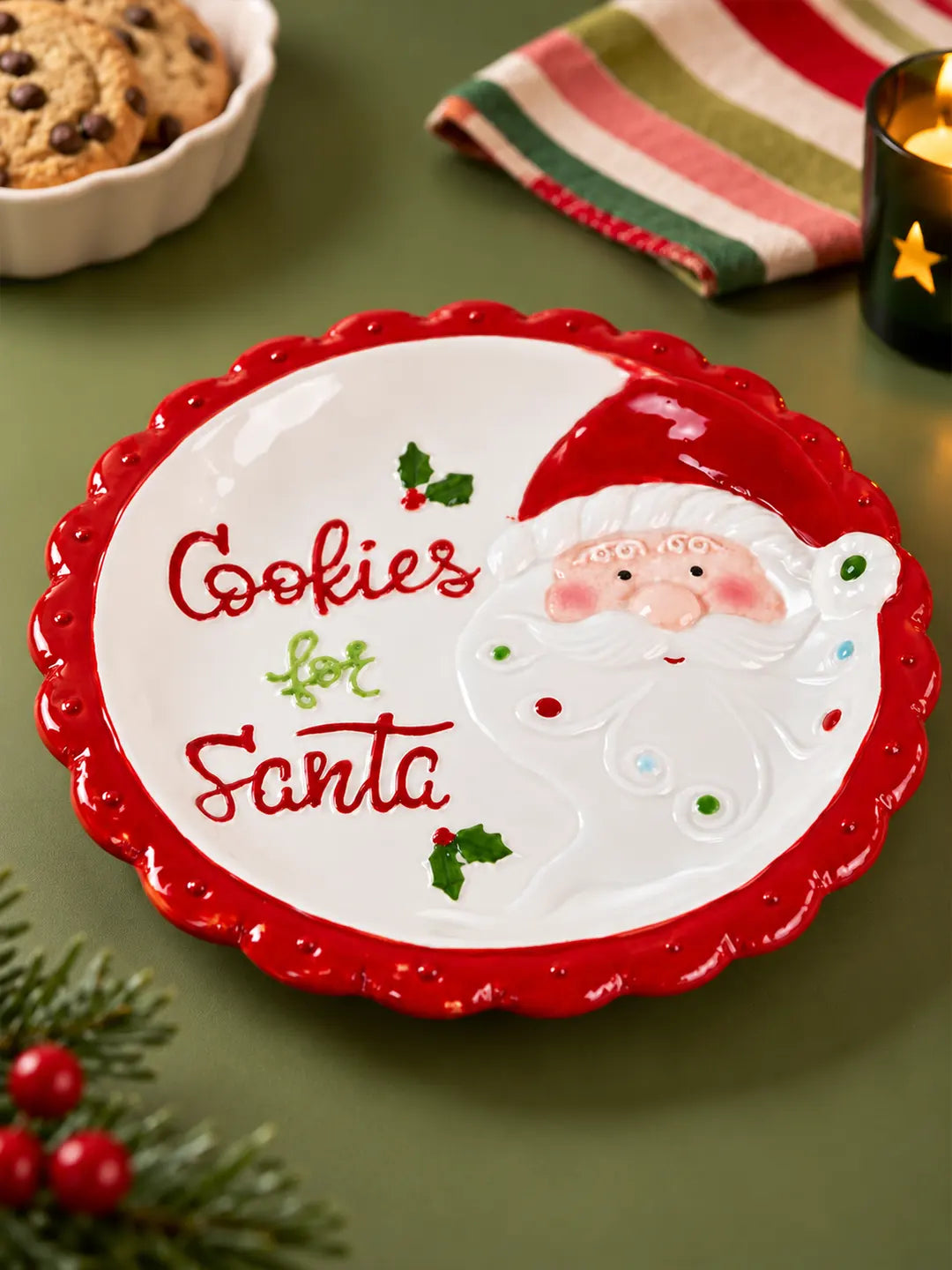 Red Border Cookies for Santa Ceramic Christmas Serving Plate, 11 inches Dinner plate
