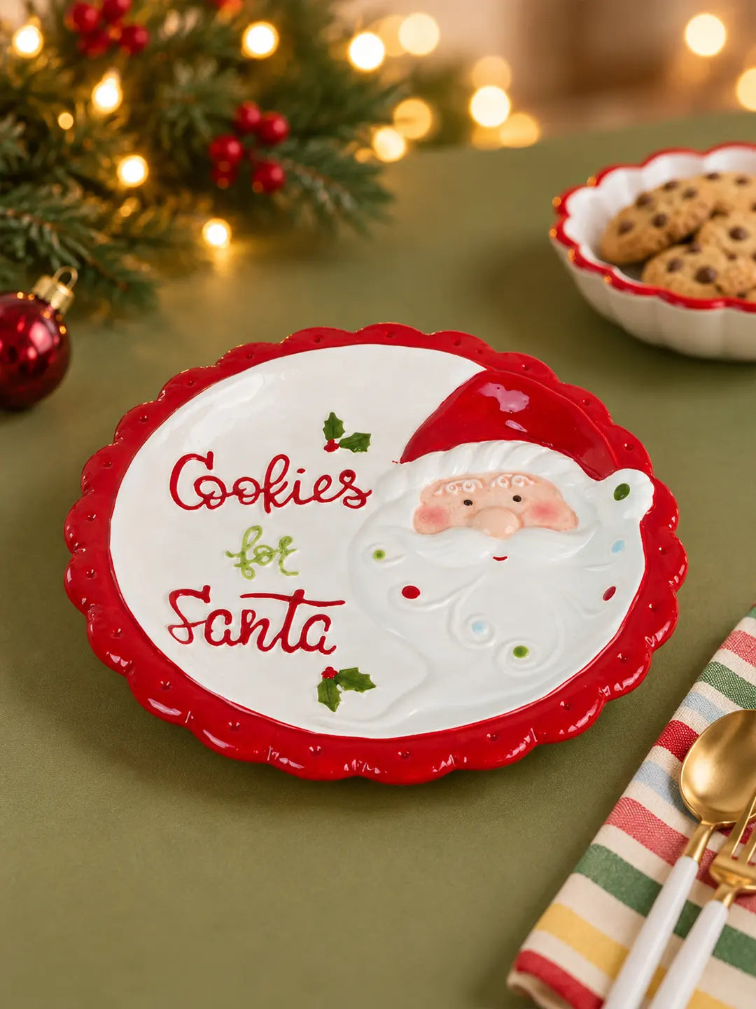 Red Border Cookies for Santa Ceramic Christmas Serving Plate, 11 inches Dinner plate