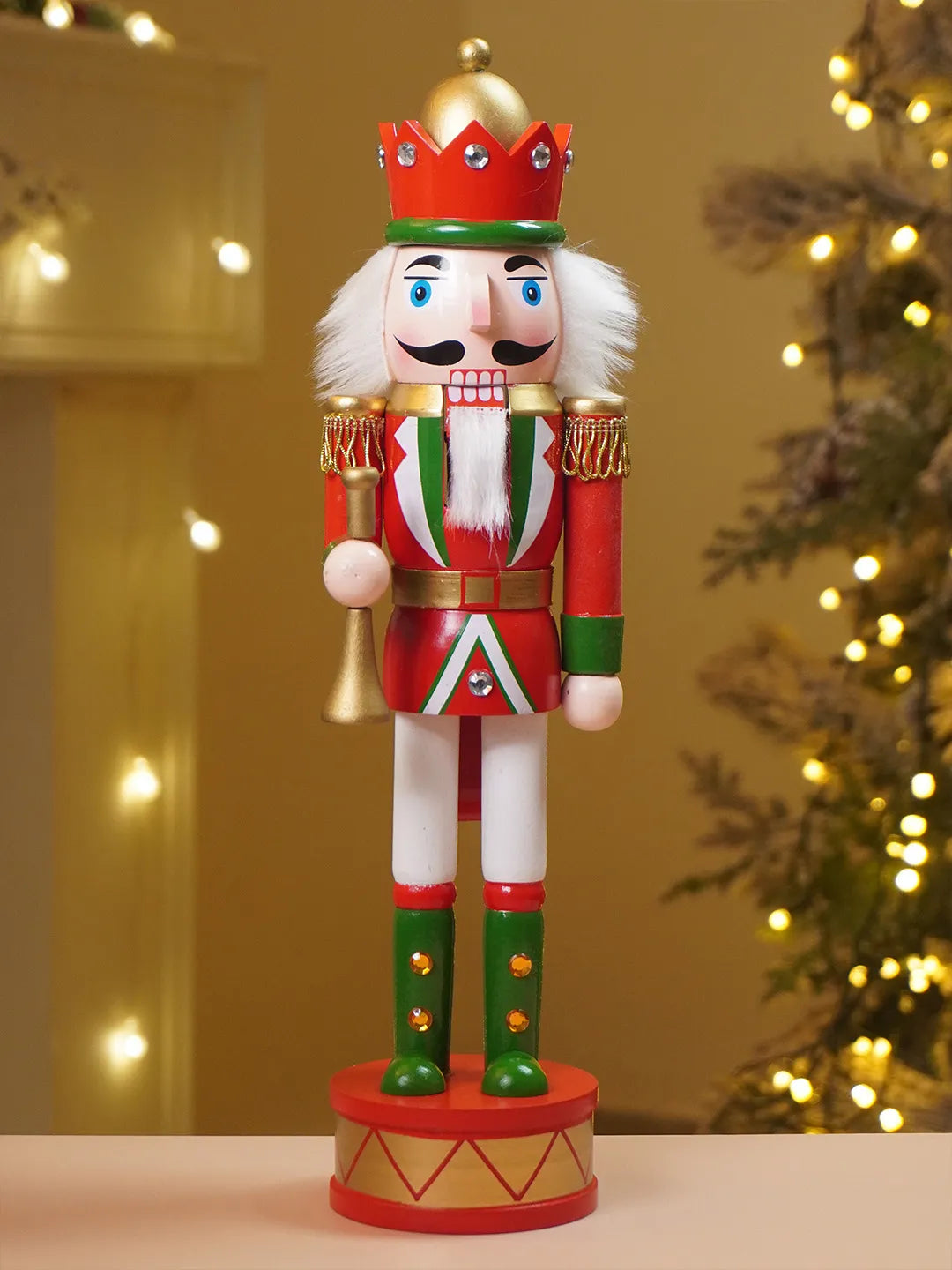 15 Inches Red, Green & White Wooden Trumpeter Nutcracker Christmas Table Décor,