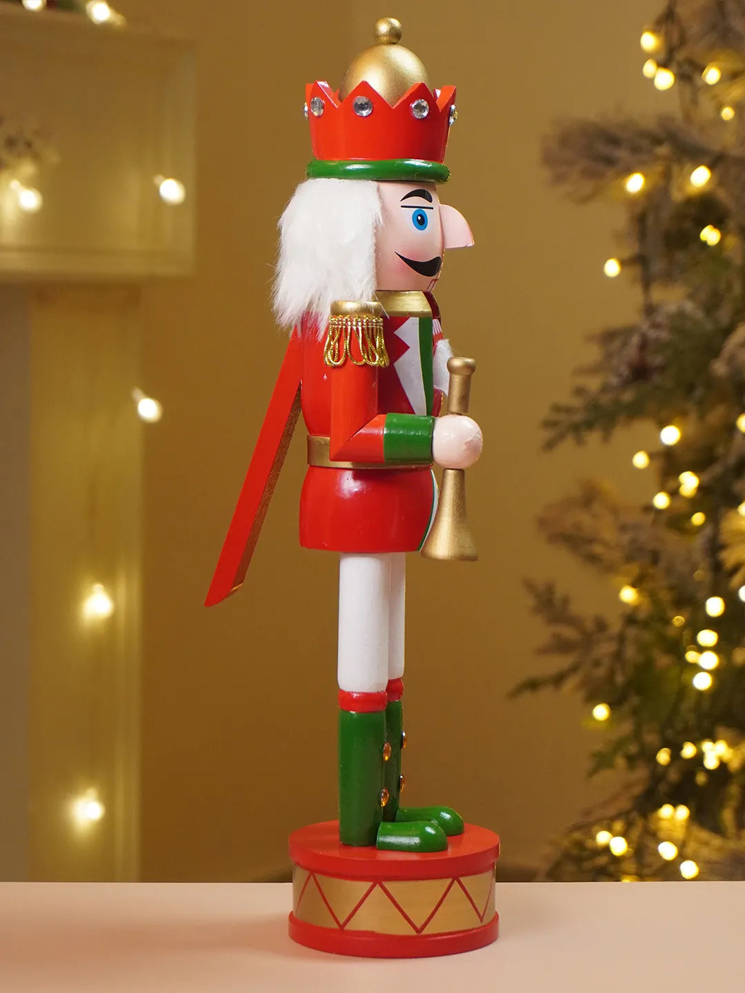 15 Inches Red, Green & White Wooden Trumpeter Nutcracker Christmas Table Décor,
