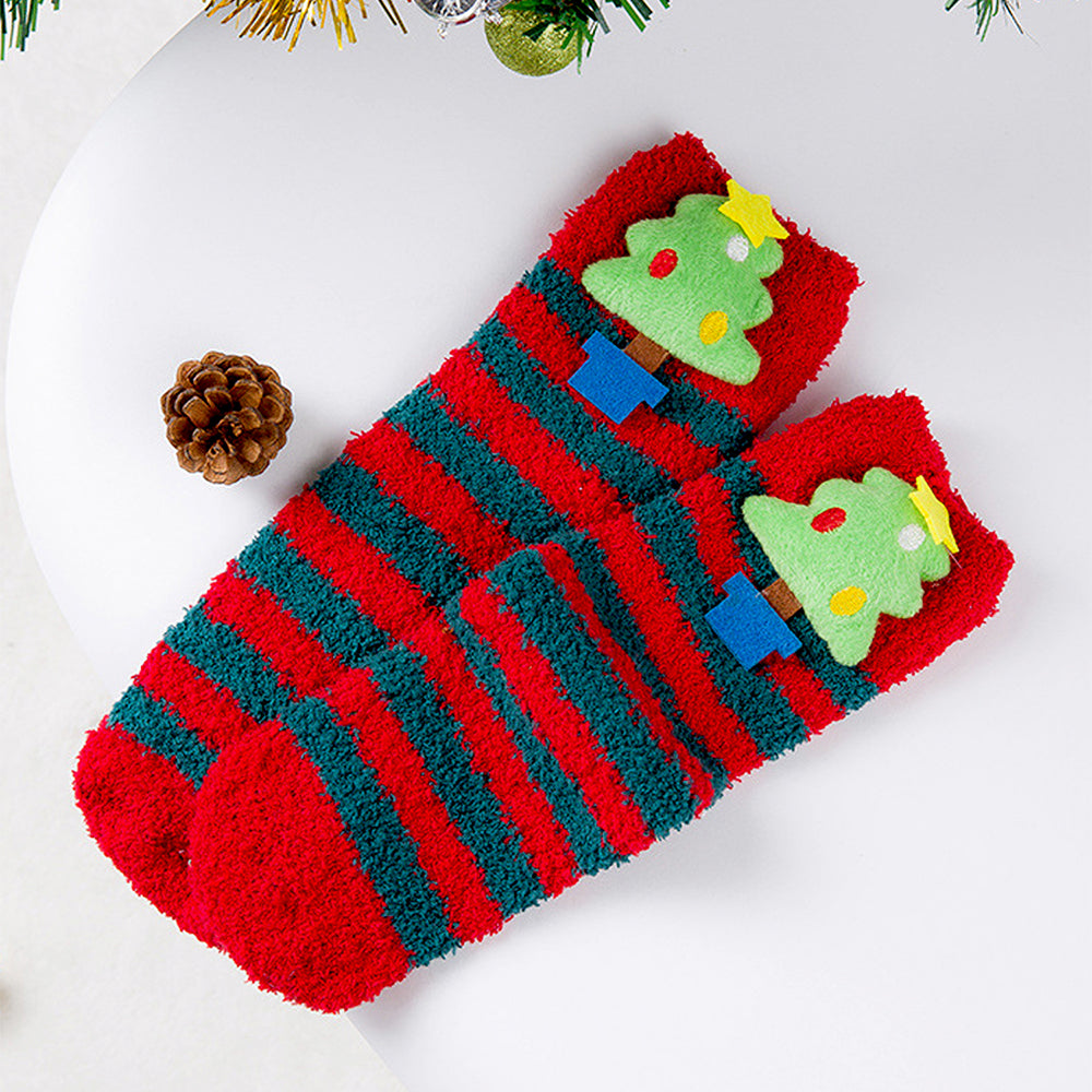 Red & Green Stripes -Xmas Tree Theme Woolen Christmas Socks For Kids