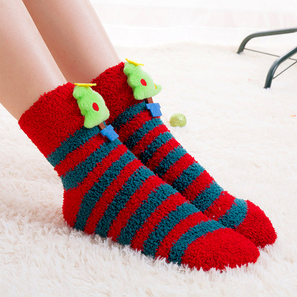 Red & Green Stripes -Xmas Tree Theme Woolen Christmas Socks For Kids