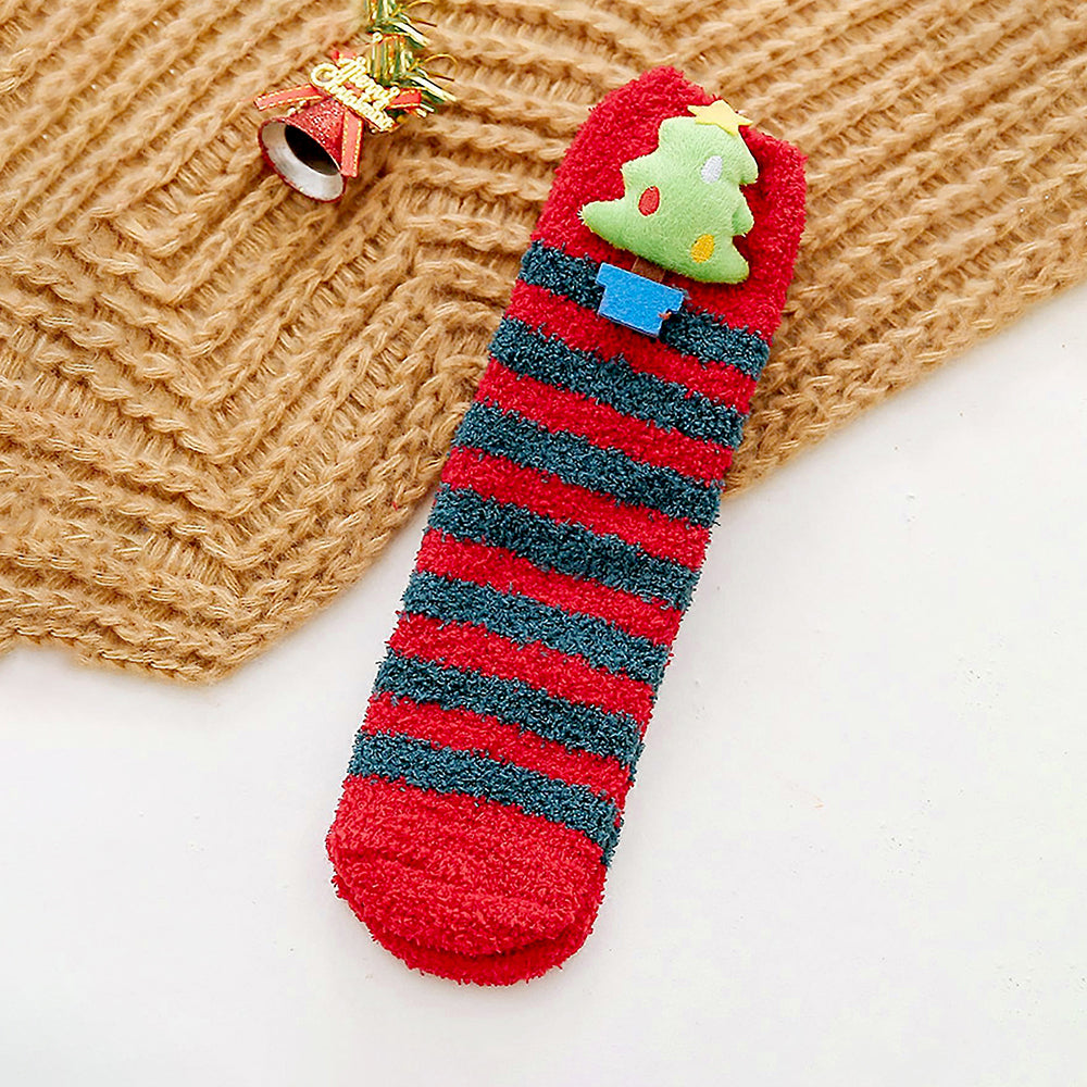Red & Green Stripes -Xmas Tree Theme Woolen Christmas Socks For Kids