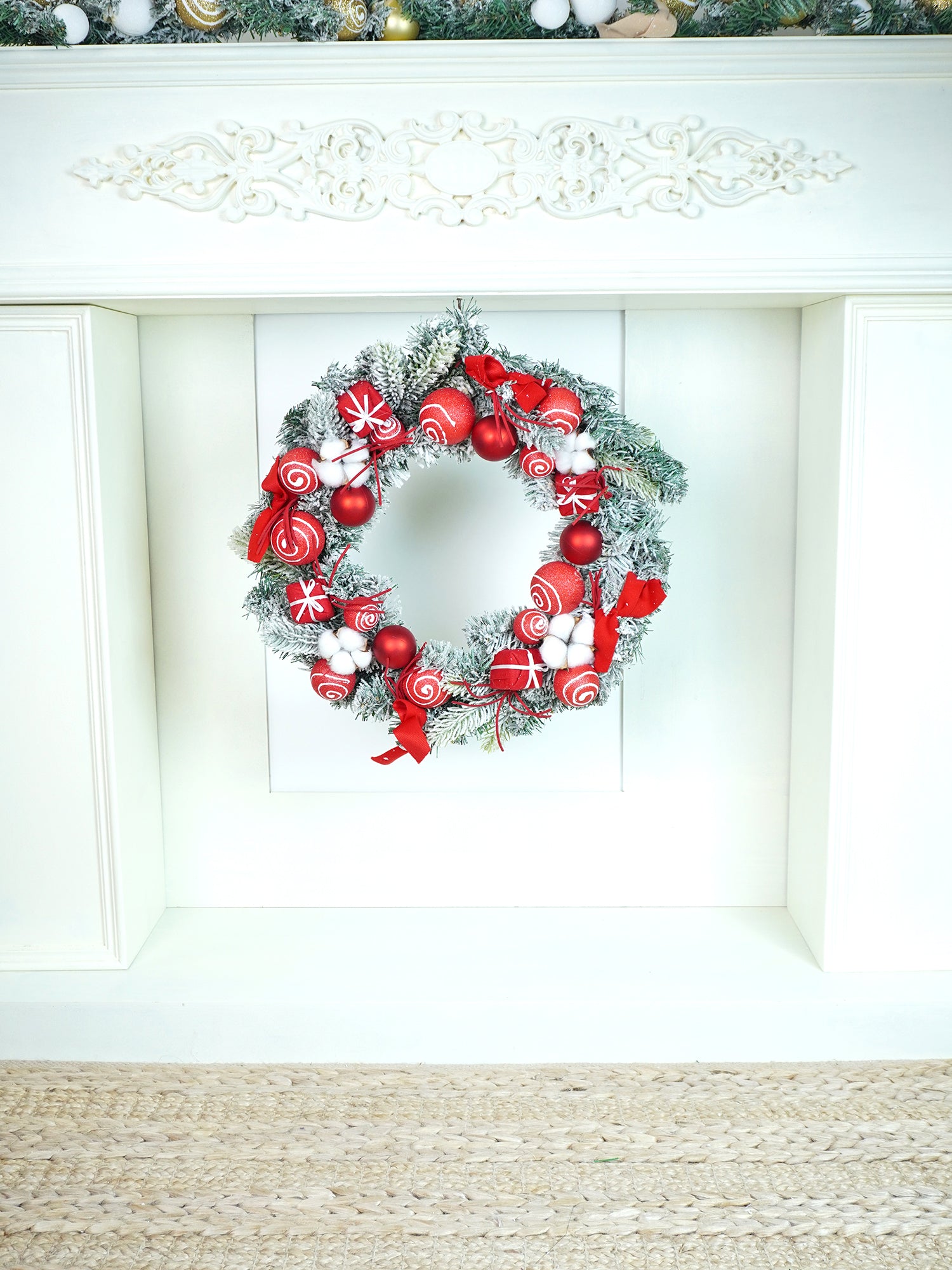 Red & White Swirl artificial Bushy Christmas Wreath for wall, Door and Tree Christmas Décor, 18 inches