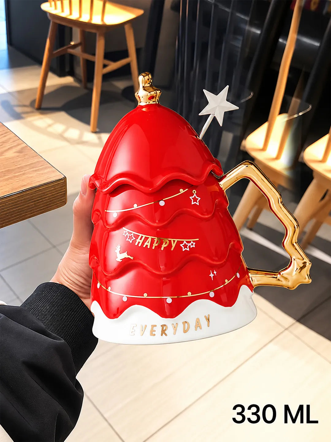 Merry Christmas Ceramic Coffee and Hot Chocolate Mug - Red Christmas Tree style Cup with Matching Ceramic Lid and embellished Spoon, 330 ml