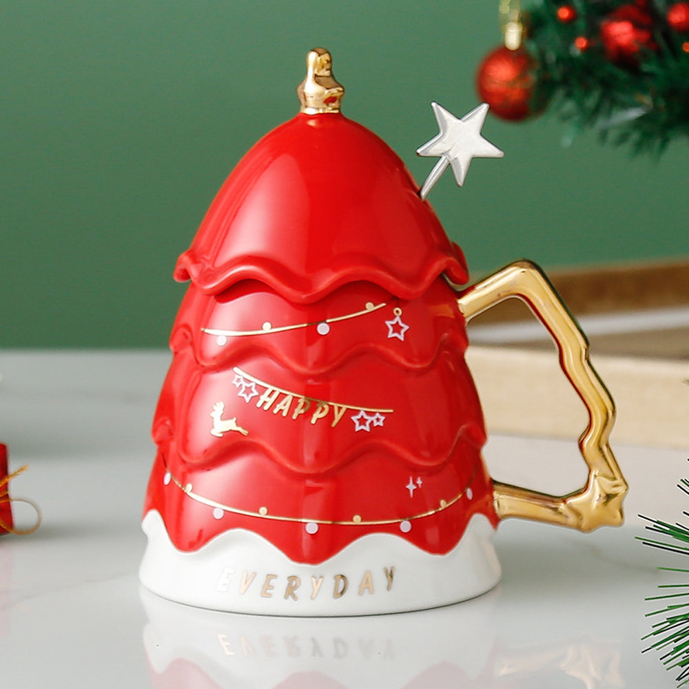 Merry Christmas Ceramic Coffee and Hot Chocolate Mug - Red Christmas Tree style Cup with Matching Ceramic Lid and embellished Spoon, 330 ml