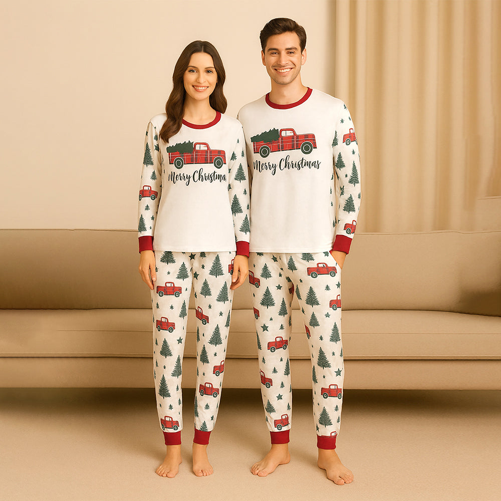 Adults Red Big Truck soft Cotton,Christmas Nightsuit, 1 Pcs - Top & Bottom Set