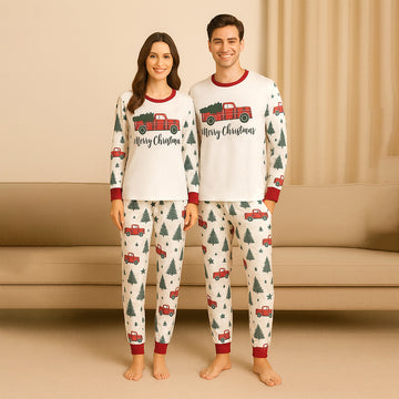 Adults Red Big Truck soft Cotton,Christmas Nightsuit, 1 Pcs - Top & Bottom Set