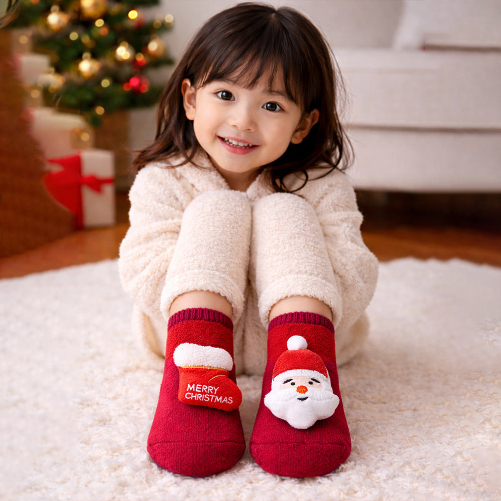 3D Red Santa & Stockings Christmas Themed Ankle Length Socks For Kids