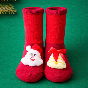 Red Santa & Bell Christmas Themed Ankle Length Socks For Kids