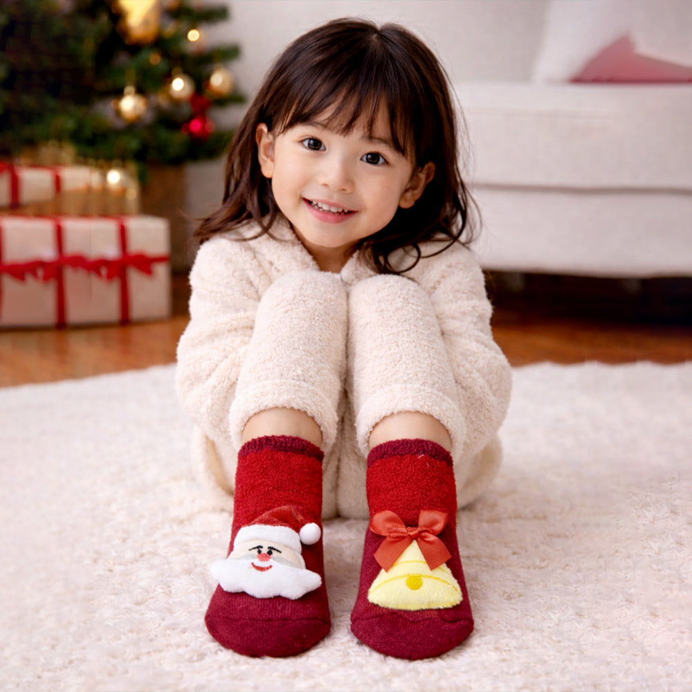 Red Santa & Bell Christmas Themed Ankle Length Socks For Kids