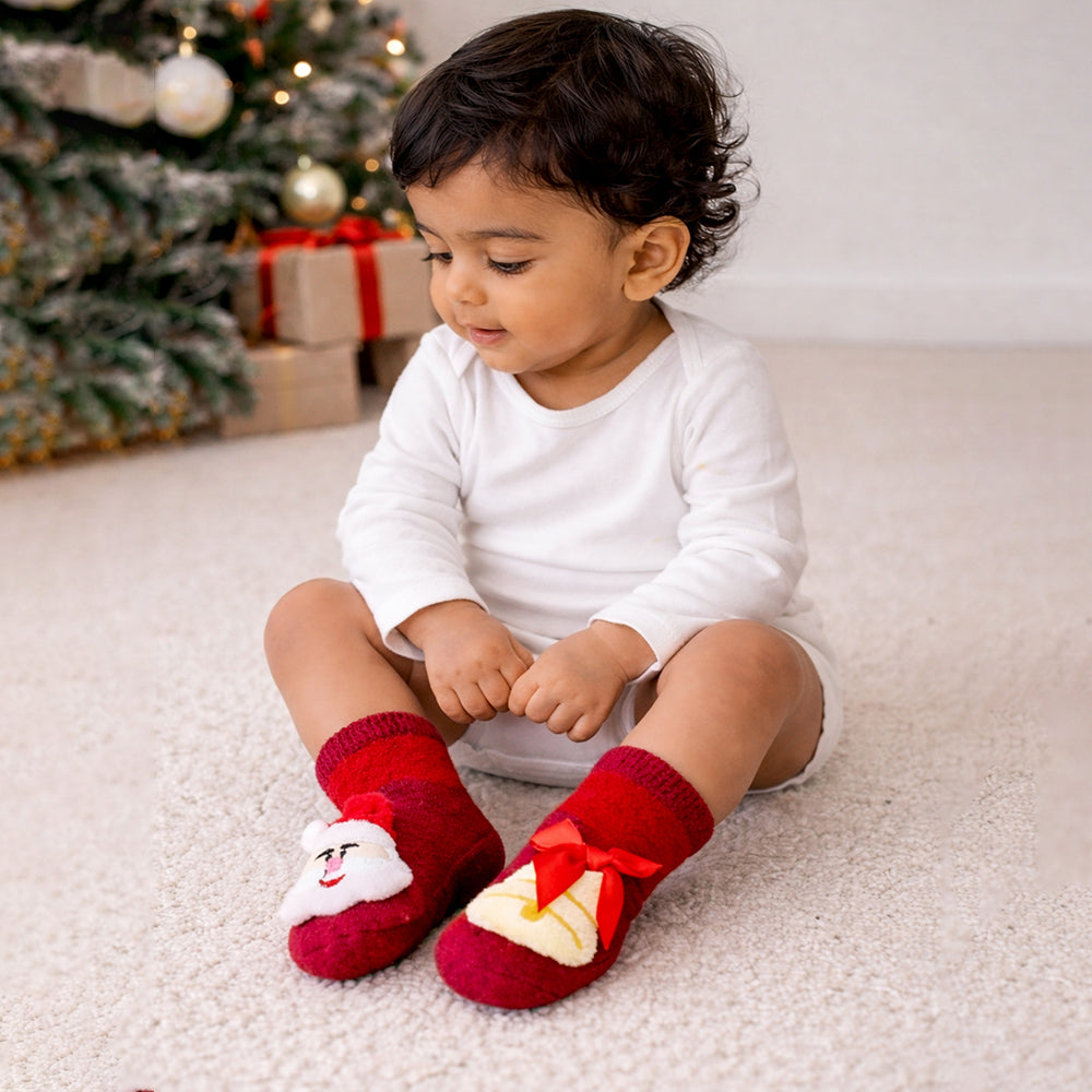 Red Santa & Bell Christmas Themed Ankle Length Socks For Kids