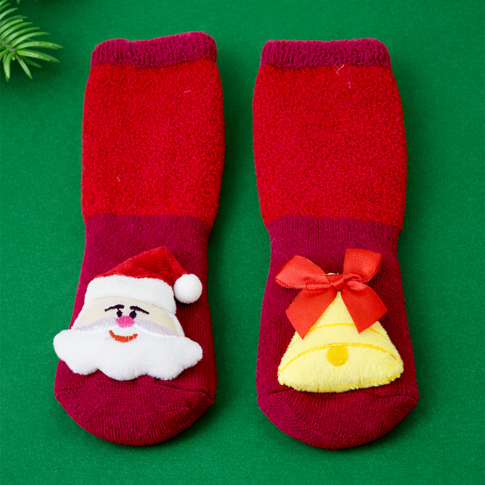 Red Santa & Bell Christmas Themed Ankle Length Socks For Kids