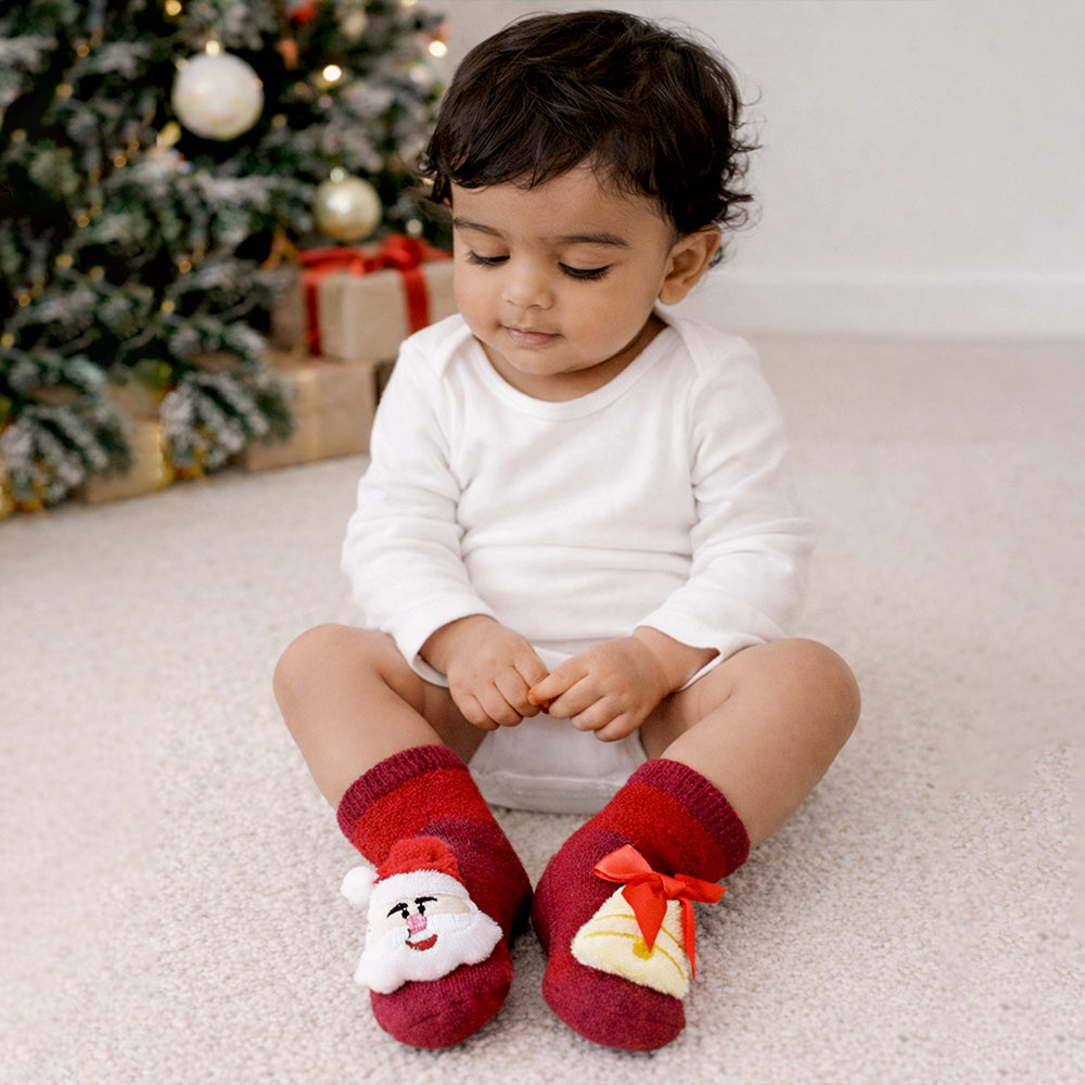 Red Santa & Bell Christmas Themed Ankle Length Socks For Kids